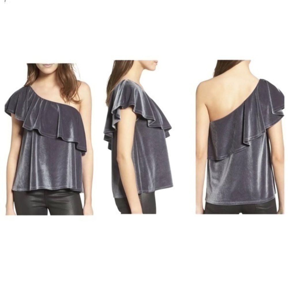 Ten Sixty Sherman gray velvet ruffle one shoulder top FF4